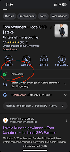 📱🔗 Endlich ist es möglich, den Whatsapp Chat in das Google Unternehmensprofil zu integrieren! 🎉 Jetzt können Kunden noch einfacher Kontakt aufnehmen und Fragen stellen.
